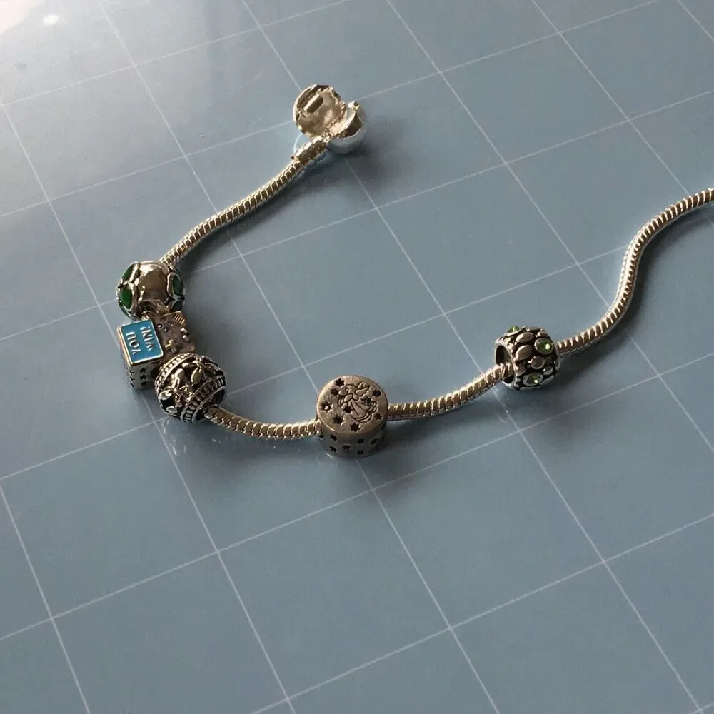 Charm Bracelet Silver Tone DIY European Bead Charms 8.25 Inch Snake Chain
